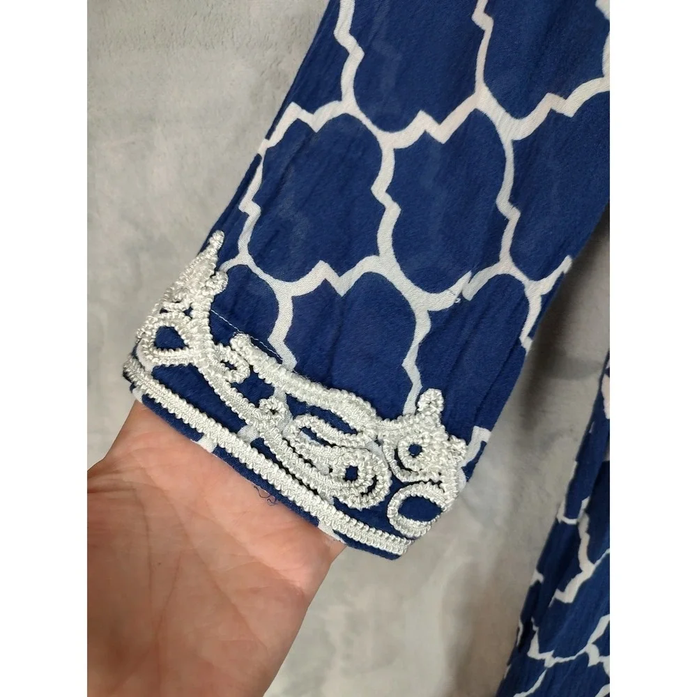 Lands End Blue White Quatrefoil Embroidered V-Neck Swim Cover-Up Dress Pockets S
